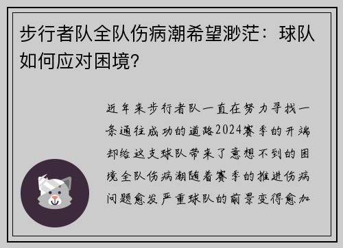 步行者队全队伤病潮希望渺茫：球队如何应对困境？
