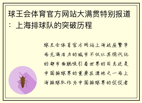 球王会体育官方网站大满贯特别报道：上海排球队的突破历程