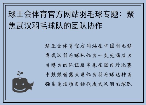 球王会体育官方网站羽毛球专题：聚焦武汉羽毛球队的团队协作