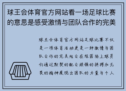 球王会体育官方网站看一场足球比赛的意思是感受激情与团队合作的完美结合