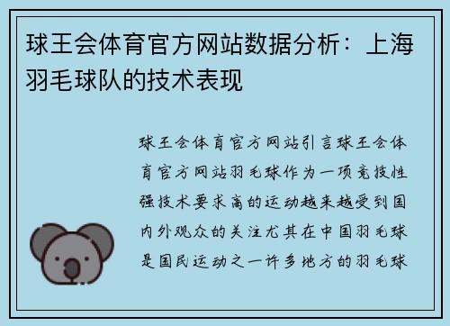 球王会体育官方网站数据分析：上海羽毛球队的技术表现